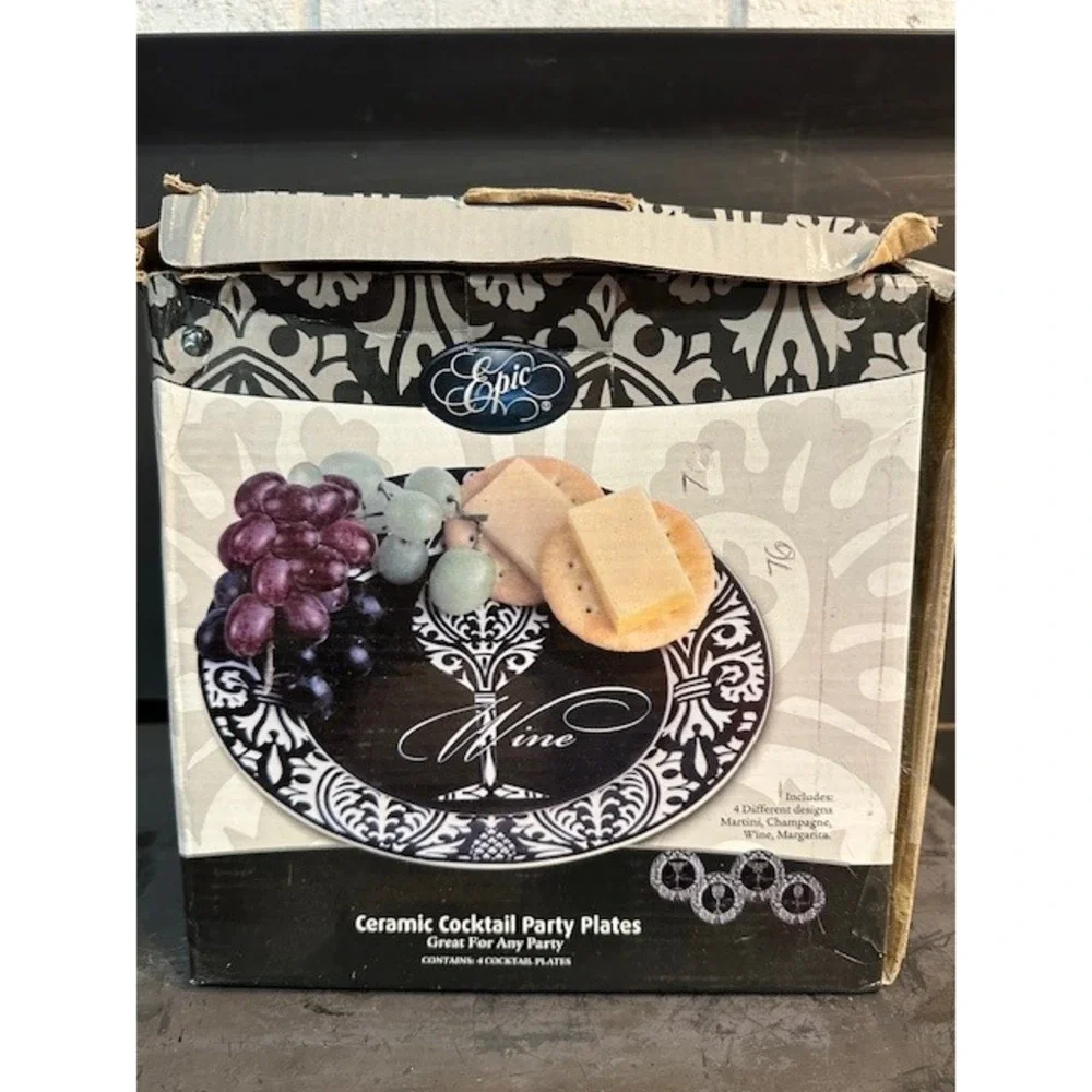Epic Products Ceramic Cocktail Party Plates Set of 4‎ Black White 8in